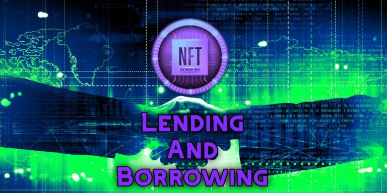 Lending And Borrowing text below NFT token with digital shaking hands in background