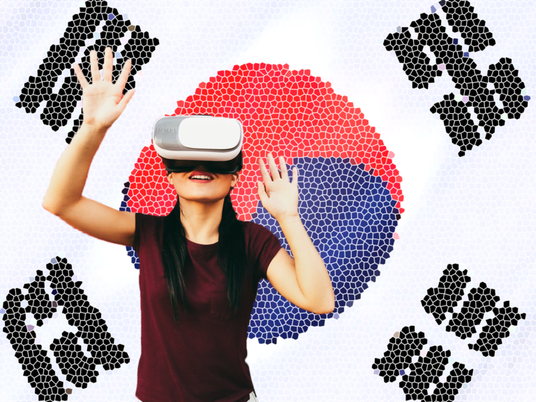 Woman with VR headset in front of a South Korea flag