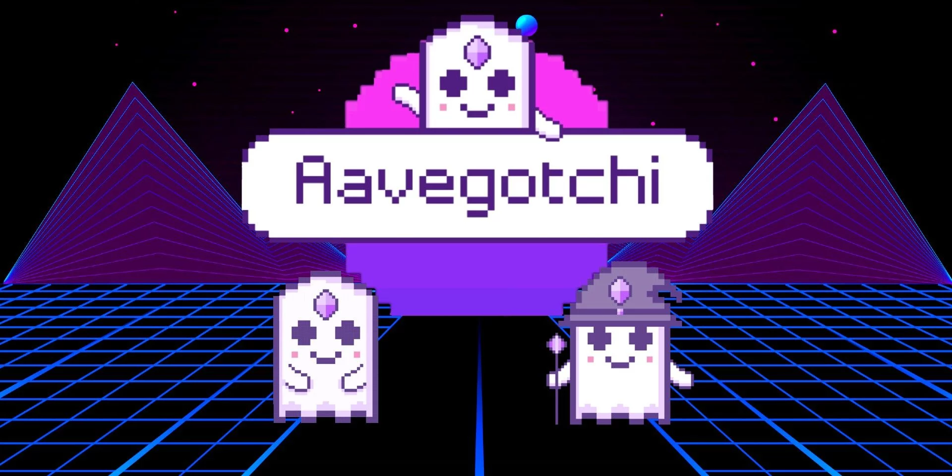 Aavegotchi Logo With Two Gotchi Pets Below, On Digital Landscape Background