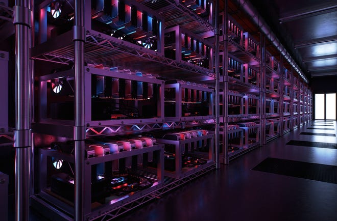 Cryptocurrency Mining Rigs In A Data Center.