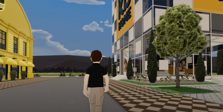 Avatar Man Walking Toward The Welcome Center In Kb Home'S Virtual New-Home Community In The Metaverse