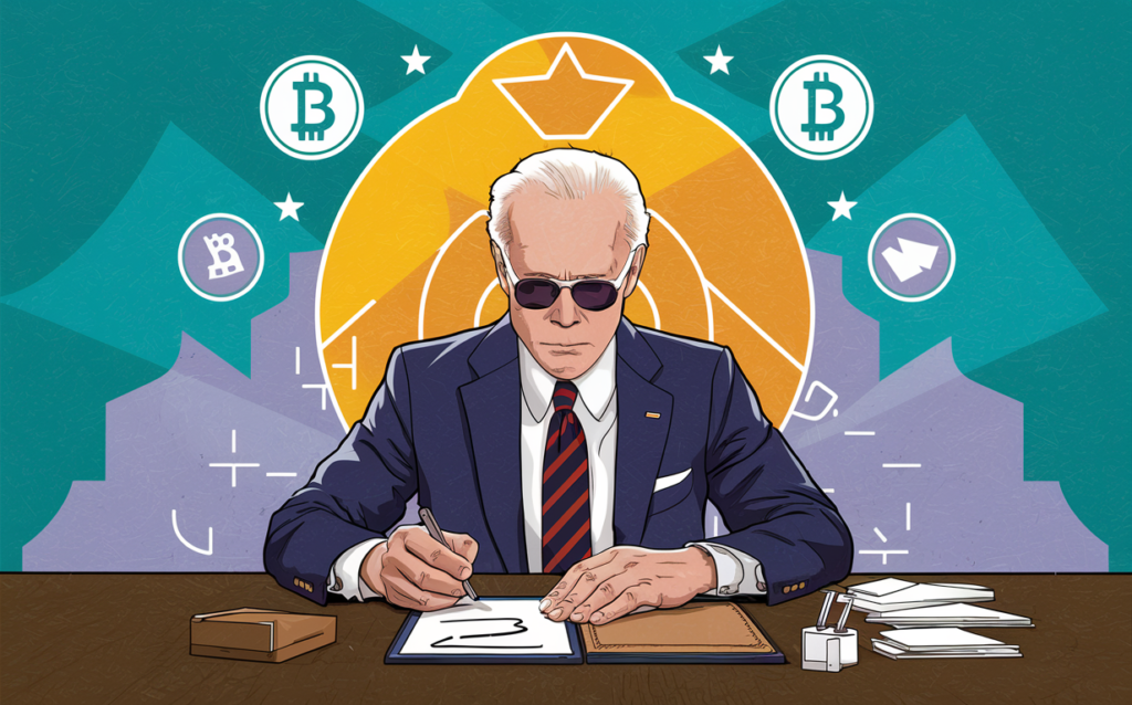 Illustration Of Biden Drafting Crypto Tax Regulation