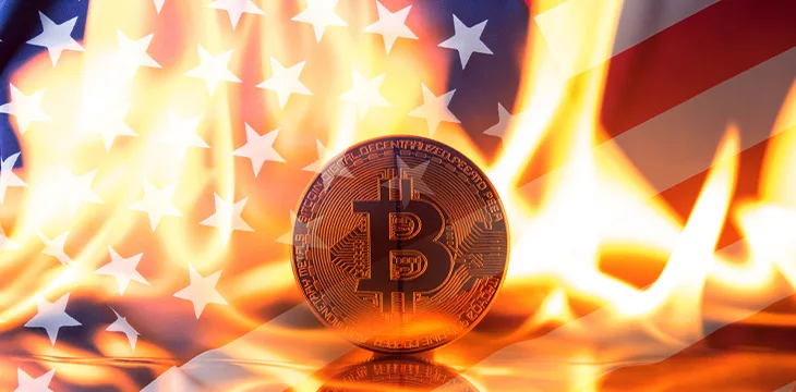 Double Exposure Of Usa Flag And Bitcoin On Fire Flames