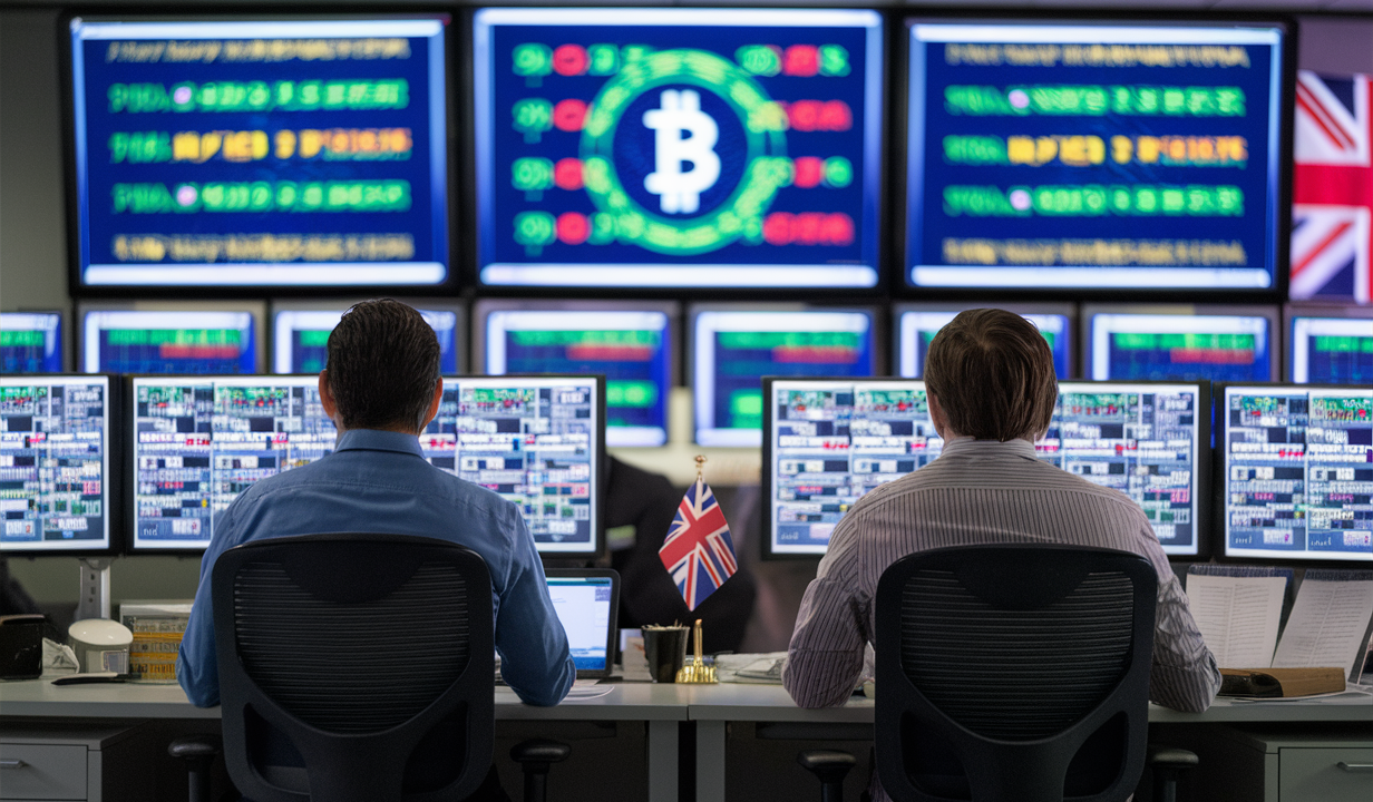 A Large Control Room With Several Screens Showing Crypto Financial Symbols. Two Office Workers With Their Back To Viewer Sit At Their Desk. A Uk Flag Is On The Wall
