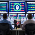 A Large Control Room With Several Screens Showing Crypto Financial Symbols. Two Office Workers With Their Back To Viewer Sit At Their Desk. A Uk Flag Is On The Wall