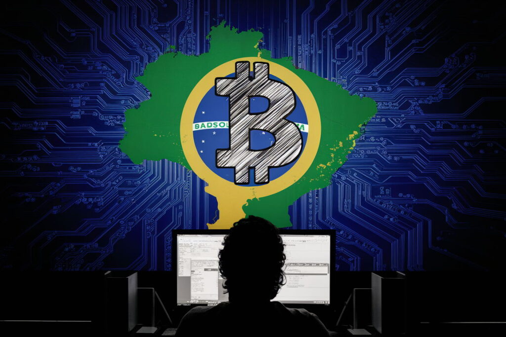 Bitcoin Logo Against A Silhouette Of The Nation Of Brazil, On A Computer Screen, With Someone Looking Up At It, Back To The Viewer