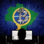 Bitcoin Logo Against A Silhouette Of The Nation Of Brazil, On A Computer Screen, With Someone Looking Up At It, Back To The Viewer