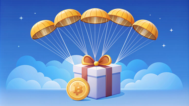 Crypto Airdrop, Cryptocurrency Business Background In A Gift Box With Ribbon And Parachute