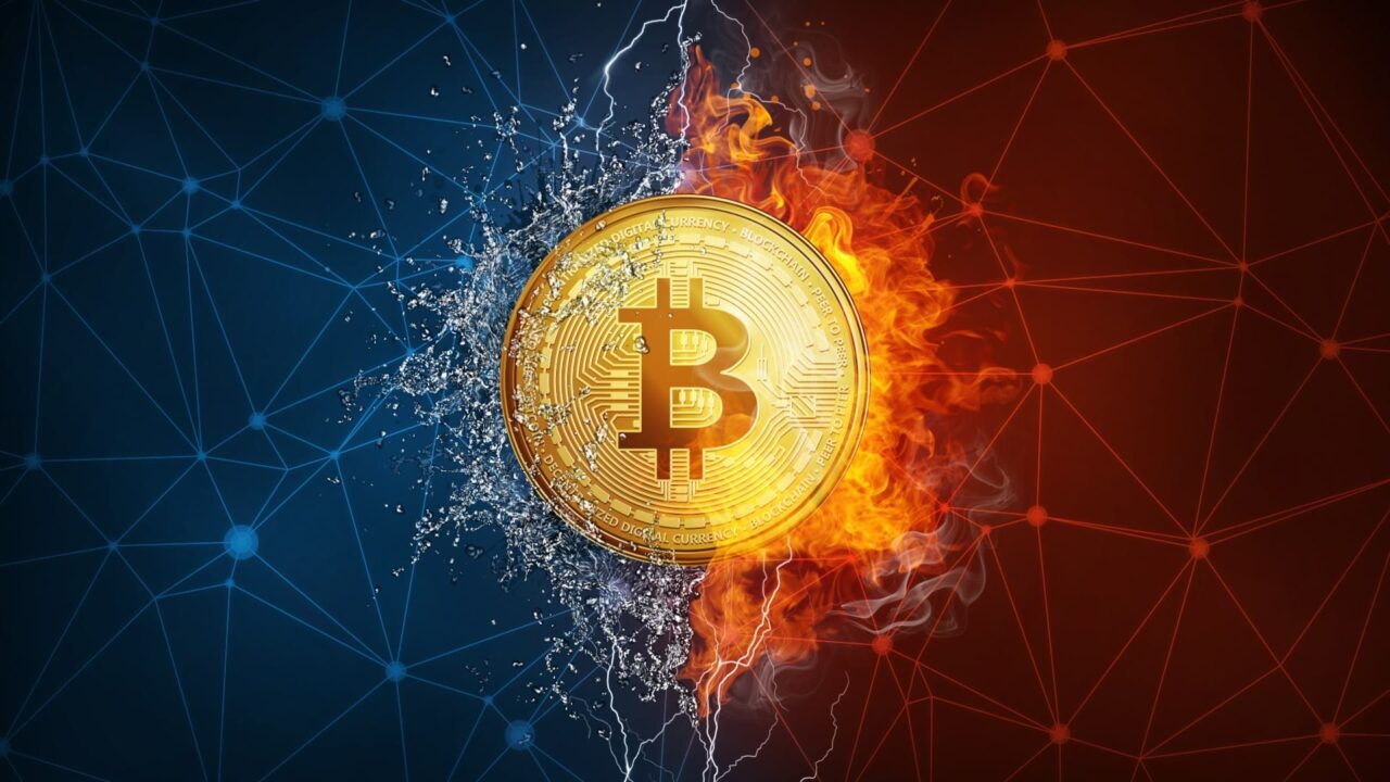 A bitcoin coin is illustrated at the center. The left side is surrounded by splashes of water against a blue network background, while the right side is engulfed in flames against a red network background, symbolizing the contrasting forces acting on cryptocurrency trading.