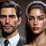 High definition realistic image of a male and female couple who are influential figures in the digital entertainment industry, known for their pioneering work in the world of 'Metaverse Entertainment'. Both have an appearance reminiscent of Hollywood personalities: the man has a sturdy build with dark brown hair, while the lady is of Hispanic descent with bronzed skin and long, light brown hair.