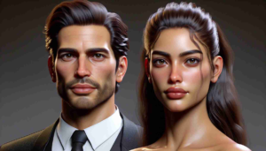 High definition realistic image of a male and female couple who are influential figures in the digital entertainment industry, known for their pioneering work in the world of 'Metaverse Entertainment'. Both have an appearance reminiscent of Hollywood personalities: the man has a sturdy build with dark brown hair, while the lady is of Hispanic descent with bronzed skin and long, light brown hair.