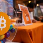 A bitcoin logo is displayed on a gift dispenser containing colourful capsules at the Bithumb exchange office in Seoul, South Korea