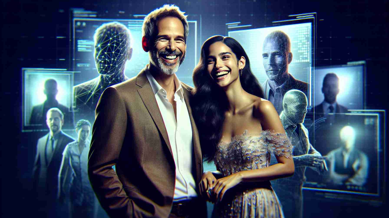 A high-definition, lifelike image of a captivating Latin female performer paired with an influential male film director. They stand together, laughing, their familiarity hinting at a close relationship. In the background, let virtual silhouettes and digital landscapes signify the burgeoning world of the celebrity metaverse.