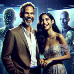 A high-definition, lifelike image of a captivating Latin female performer paired with an influential male film director. They stand together, laughing, their familiarity hinting at a close relationship. In the background, let virtual silhouettes and digital landscapes signify the burgeoning world of the celebrity metaverse.