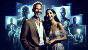 A high-definition, lifelike image of a captivating Latin female performer paired with an influential male film director. They stand together, laughing, their familiarity hinting at a close relationship. In the background, let virtual silhouettes and digital landscapes signify the burgeoning world of the celebrity metaverse.