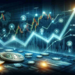 Realistic HD illustration of a surge in digital cryptocurrency exchange activity, representing increased trading volume during after-hours. The image should depict graphs showing a steep rise, symbolizing the significant jump, and abstract symbols like arrows, coins and lines to represent the volatile nature of cryptocurrency markets.