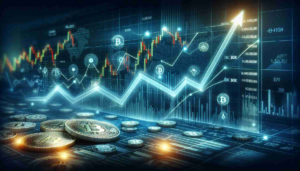 Realistic HD illustration of a surge in digital cryptocurrency exchange activity, representing increased trading volume during after-hours. The image should depict graphs showing a steep rise, symbolizing the significant jump, and abstract symbols like arrows, coins and lines to represent the volatile nature of cryptocurrency markets.