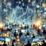 Visualize a bright future for a hypothetical, high-tech cryptocurrency exchange platform amidst chaos in the financial markets. Imagine a carefully-orchestrated network of computers, illuminated screens displaying complex graphs and data, along with the digital symbols for various cryptocurrencies. The foreground could feature a diverse group of technology professionals, of different genders and descents such as Middle-Eastern, Caucasian and East Asian, working and collaborating earnestly. The overall vibe should be confident, positive, and hopeful despite the stormy market backdrop. Please create a highly detailed and realistic HD image.