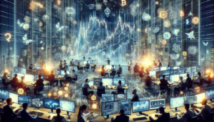 Visualize a bright future for a hypothetical, high-tech cryptocurrency exchange platform amidst chaos in the financial markets. Imagine a carefully-orchestrated network of computers, illuminated screens displaying complex graphs and data, along with the digital symbols for various cryptocurrencies. The foreground could feature a diverse group of technology professionals, of different genders and descents such as Middle-Eastern, Caucasian and East Asian, working and collaborating earnestly. The overall vibe should be confident, positive, and hopeful despite the stormy market backdrop. Please create a highly detailed and realistic HD image.