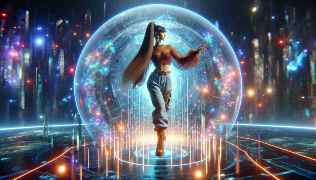 A hyper-realistic HD representation of a popular female dance artist, with a curvaceous body and long brown hair, entering a depiction of the metaverse. The scene focuses on the virtual avatar of the female artist paving the way in the shaping of the virtual future. The metaverse unfolds around her, ablaze with glimmers of neon lights and digital landscapes.