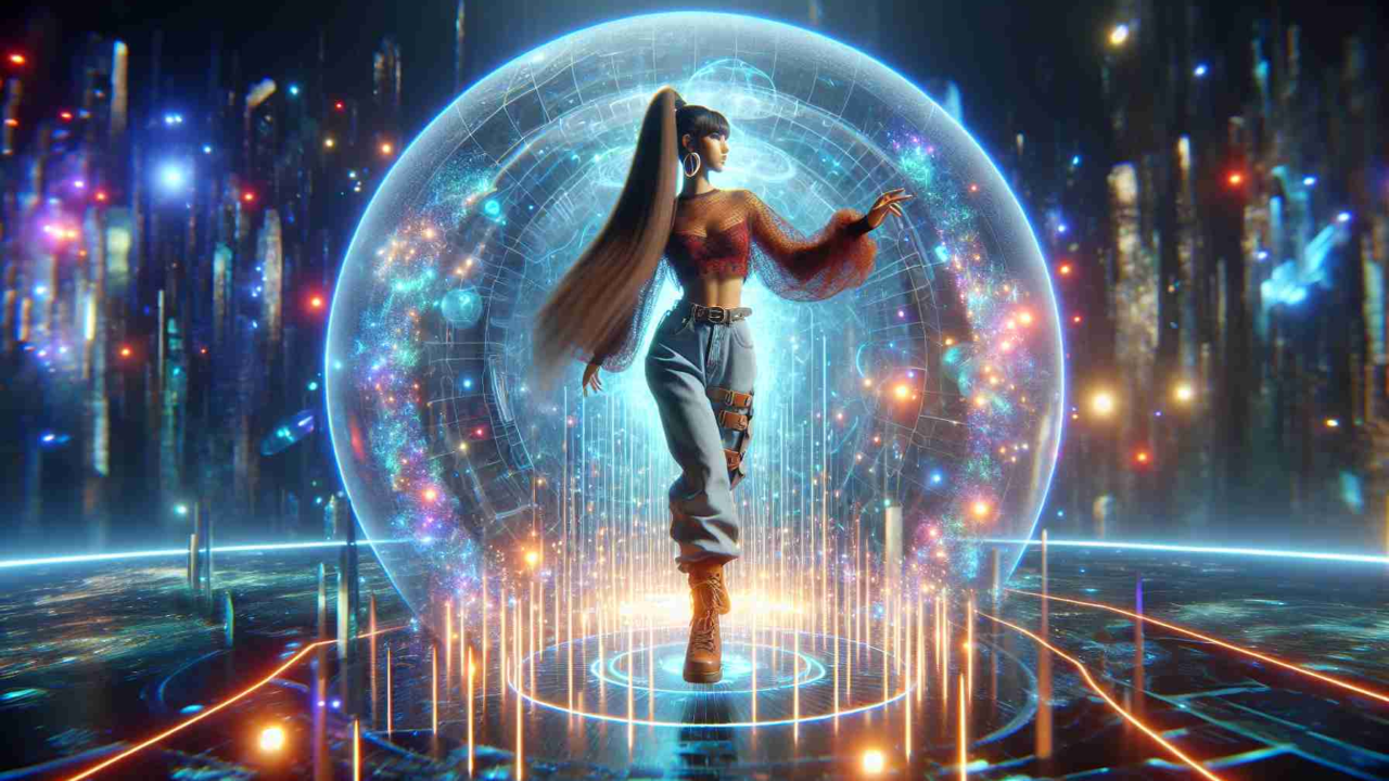 A hyper-realistic HD representation of a popular female dance artist, with a curvaceous body and long brown hair, entering a depiction of the metaverse. The scene focuses on the virtual avatar of the female artist paving the way in the shaping of the virtual future. The metaverse unfolds around her, ablaze with glimmers of neon lights and digital landscapes.