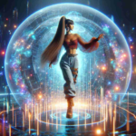 A hyper-realistic HD representation of a popular female dance artist, with a curvaceous body and long brown hair, entering a depiction of the metaverse. The scene focuses on the virtual avatar of the female artist paving the way in the shaping of the virtual future. The metaverse unfolds around her, ablaze with glimmers of neon lights and digital landscapes.