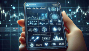 Create a realistic, high-definition image of a digital alert notification from a generic cryptocurrency exchange platform. The alert should contain a message that reads: 'Major Signals Ahead! Is a Price Drop Imminent?' The interface should feature typical elements such as symbols, graphs and numerical data, presented in a professional and modern design.