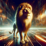 Generate an image of an imposing, majestic lion in a virtual reality setting, taken straight from a futuristic narrative. The lion stands proud with a rich, golden mane catching the light in the digital landscape. His regal presence resonates within the ever-evolving horizon of pixels, geometries, and vibrant colors of the metaverse. This lion, while no specific character, symbolizes the evolution and potential future of iconic characters in the world of immersive technology.