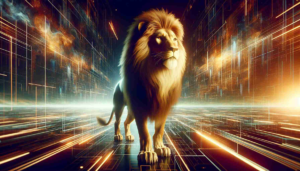 Generate an image of an imposing, majestic lion in a virtual reality setting, taken straight from a futuristic narrative. The lion stands proud with a rich, golden mane catching the light in the digital landscape. His regal presence resonates within the ever-evolving horizon of pixels, geometries, and vibrant colors of the metaverse. This lion, while no specific character, symbolizes the evolution and potential future of iconic characters in the world of immersive technology.