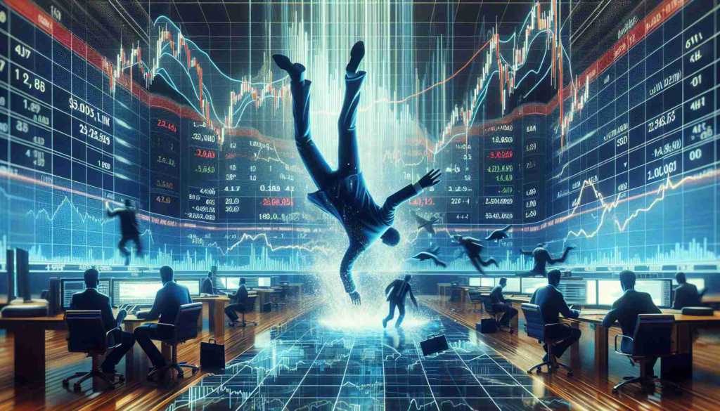 Generate a high-definition image that represents a stock market dive, focusing specifically on a cryptocurrency exchange. The scene should include a stock market chart, with the graphs depicting a downward trend, symbolic of the term 'stock takes a dive'. To signify the associated turmoil, there should be a chaotic scene unfolding in a stock exchange with brokers visibly stressed. Please remember to not include any specific brand names or logos.