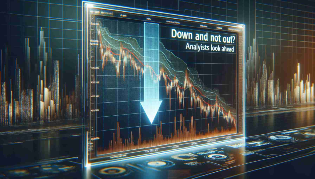 An HD image of a graphical representation of a stock market chart for a cryptocurrency trading platform. The chart depicts a downward trend, symbolizing a fall in stock prices. However, a subtitle indicates resilience and optimism, reading: 'Down But Not Out? Analysts Look Ahead'. The entire image has a realistic touch to it, suggesting a serious nature of financial analysis.