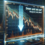 An HD image of a graphical representation of a stock market chart for a cryptocurrency trading platform. The chart depicts a downward trend, symbolizing a fall in stock prices. However, a subtitle indicates resilience and optimism, reading: 'Down But Not Out? Analysts Look Ahead'. The entire image has a realistic touch to it, suggesting a serious nature of financial analysis.