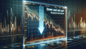 An HD image of a graphical representation of a stock market chart for a cryptocurrency trading platform. The chart depicts a downward trend, symbolizing a fall in stock prices. However, a subtitle indicates resilience and optimism, reading: 'Down But Not Out? Analysts Look Ahead'. The entire image has a realistic touch to it, suggesting a serious nature of financial analysis.