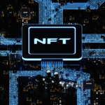 A digital circuit board with "NFT" displayed on a central chip, surrounded by interconnected pathways, against a backdrop of electronic components.