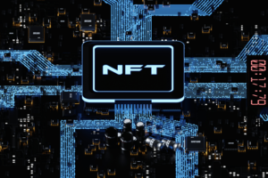 A digital circuit board with "NFT" displayed on a central chip, surrounded by interconnected pathways, against a backdrop of electronic components.