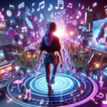 Realistic HD photo of a musical artist's digital journey, showcasing the reinvention of music in a digital universe similar to the Metaverse. Display a female character who possesses an urban-chic style, where she's exploring various musical elements in an immersive digital environment filled with neon lights, holographic music notes, interactive virtual instruments, and surrealistic musical landscapes.