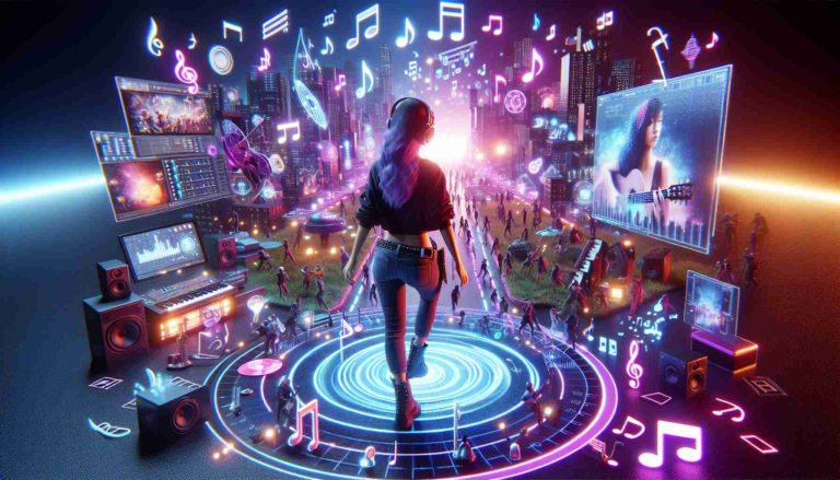 Realistic HD photo of a musical artist's digital journey, showcasing the reinvention of music in a digital universe similar to the Metaverse. Display a female character who possesses an urban-chic style, where she's exploring various musical elements in an immersive digital environment filled with neon lights, holographic music notes, interactive virtual instruments, and surrealistic musical landscapes.