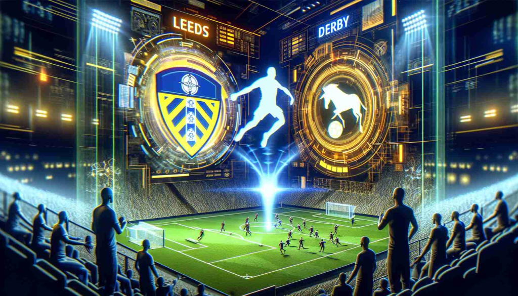 Generate a high-definition, realistic image capturing a virtual sports rivalry set against a futuristic backdrop. The teams are from two cities named Leeds and Derby and they are engaged in a heated match within the digital environment of the Metaverse. Visualize an electrifying atmosphere with highly advanced graphics and digital symbols representing each team. Note that this should follow the art style of realism.