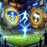 Generate a high-definition, realistic image capturing a virtual sports rivalry set against a futuristic backdrop. The teams are from two cities named Leeds and Derby and they are engaged in a heated match within the digital environment of the Metaverse. Visualize an electrifying atmosphere with highly advanced graphics and digital symbols representing each team. Note that this should follow the art style of realism.