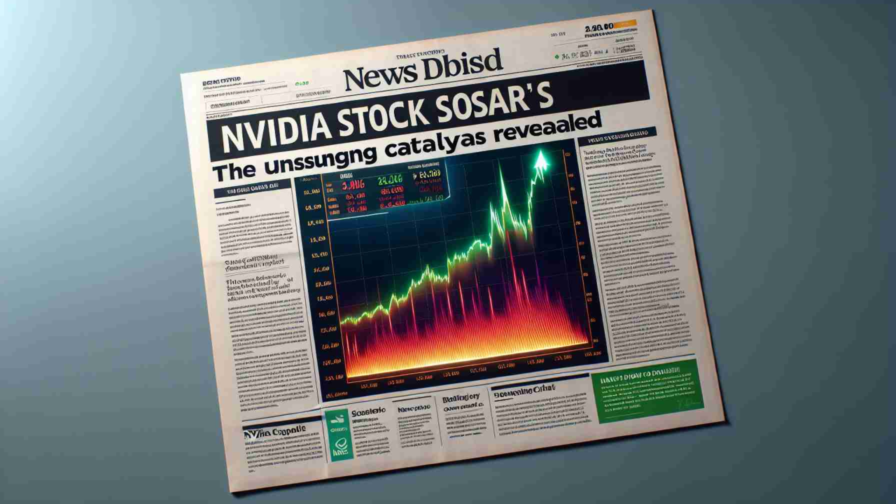 Create an HD image of a newspaper or news website headline reading 'NVIDIA Stock Soars: The Unsung Catalyst Revealed' in a realistic setting. The headline is bold and captivating. To the right of the headline, illustrate a realistic soaring chart indicating a significant jump in the stock's price. Below the headline and graph, include a few paragraphs of dummy text, mimicking standard business news articles. The overall layout should reflect modern news media design.