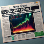 Create an HD image of a newspaper or news website headline reading 'NVIDIA Stock Soars: The Unsung Catalyst Revealed' in a realistic setting. The headline is bold and captivating. To the right of the headline, illustrate a realistic soaring chart indicating a significant jump in the stock's price. Below the headline and graph, include a few paragraphs of dummy text, mimicking standard business news articles. The overall layout should reflect modern news media design.