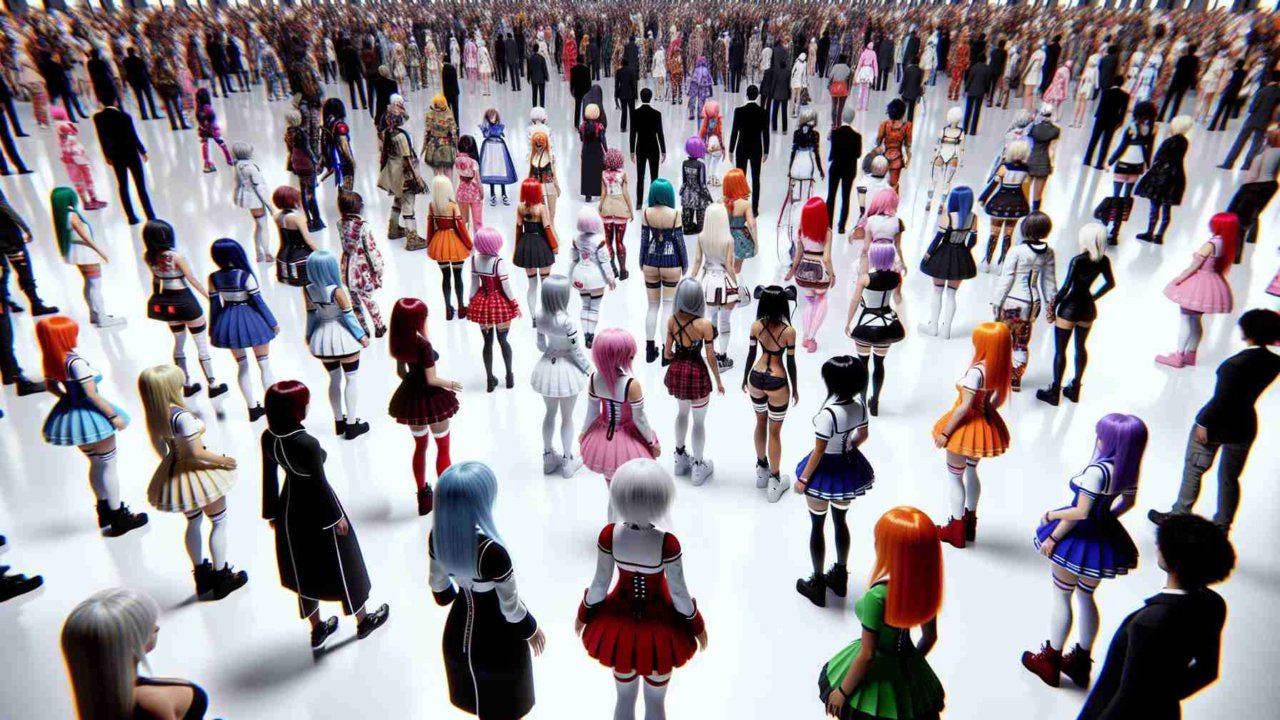 An ultra-high definition photo capturing a revolutionary moment in cosplay. It showcases multiple anime-inspired characters displayed in the expansive realm of the digital metaverse. In this scene, there are individuals representing a variety of descents, such as Caucasian, Hispanic, Black, Middle Eastern, and South Asian. Each individual is dressed as a unique, generic anime girl character with various costumes, hair colors, and accessories. These characters are engaging in interactions that highlight the blend of virtual and physical realities, creating a vibrant and diverse spectacle that redefines the cosplay experience.