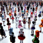 An ultra-high definition photo capturing a revolutionary moment in cosplay. It showcases multiple anime-inspired characters displayed in the expansive realm of the digital metaverse. In this scene, there are individuals representing a variety of descents, such as Caucasian, Hispanic, Black, Middle Eastern, and South Asian. Each individual is dressed as a unique, generic anime girl character with various costumes, hair colors, and accessories. These characters are engaging in interactions that highlight the blend of virtual and physical realities, creating a vibrant and diverse spectacle that redefines the cosplay experience.